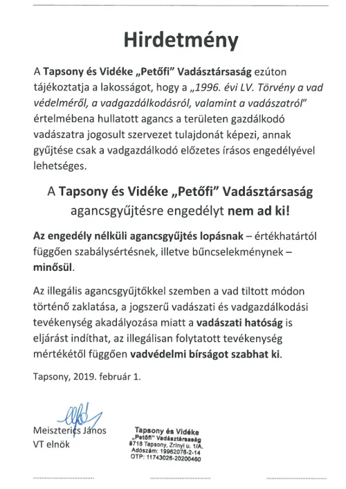hirdetmeny agancsgyujtes 20190201